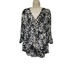 Ellen Tracy 3/4 Sleeve Leopard Print Casual V-Neck Blouse Size Large
